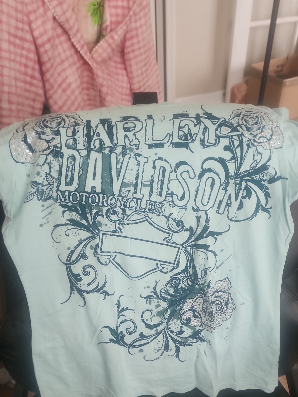 Harley-Davidson Mint Green Graphic Tee with Navy Floral Logo